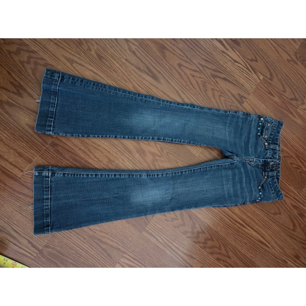 Rock and Roll Cowgirl Girls Blue Flare Jeans Turquoise Studs Frayed Hem Size 8